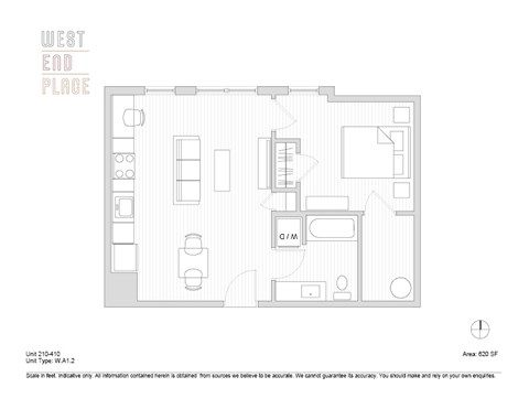 Floor plan for 1 bed, 1 bath, 620 sqft